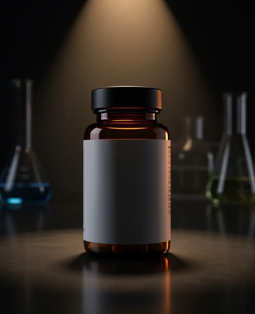 Premium men's vitamin complex bottle in studio lighting