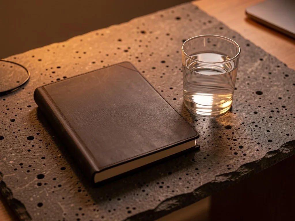Journal and water on dark desk