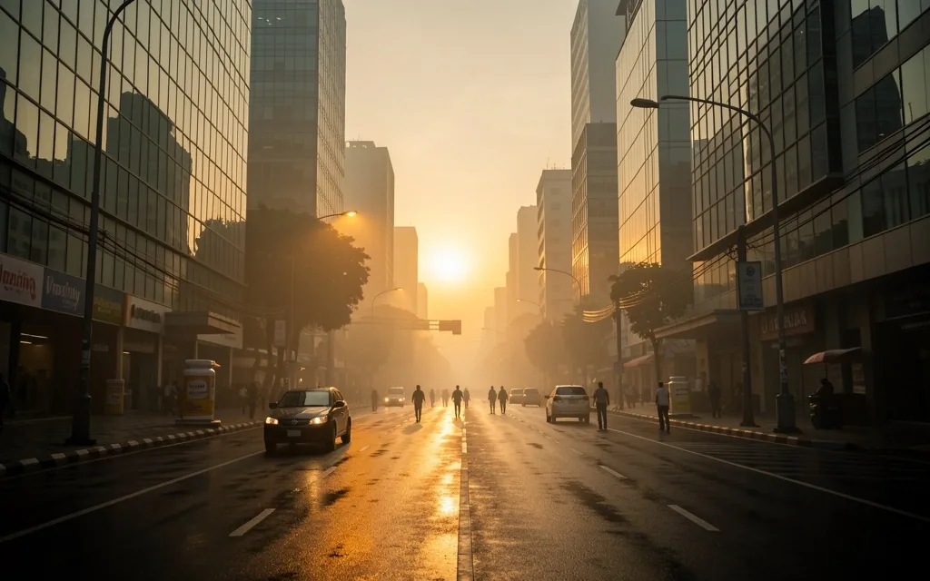 Urban environment at dusk with haze