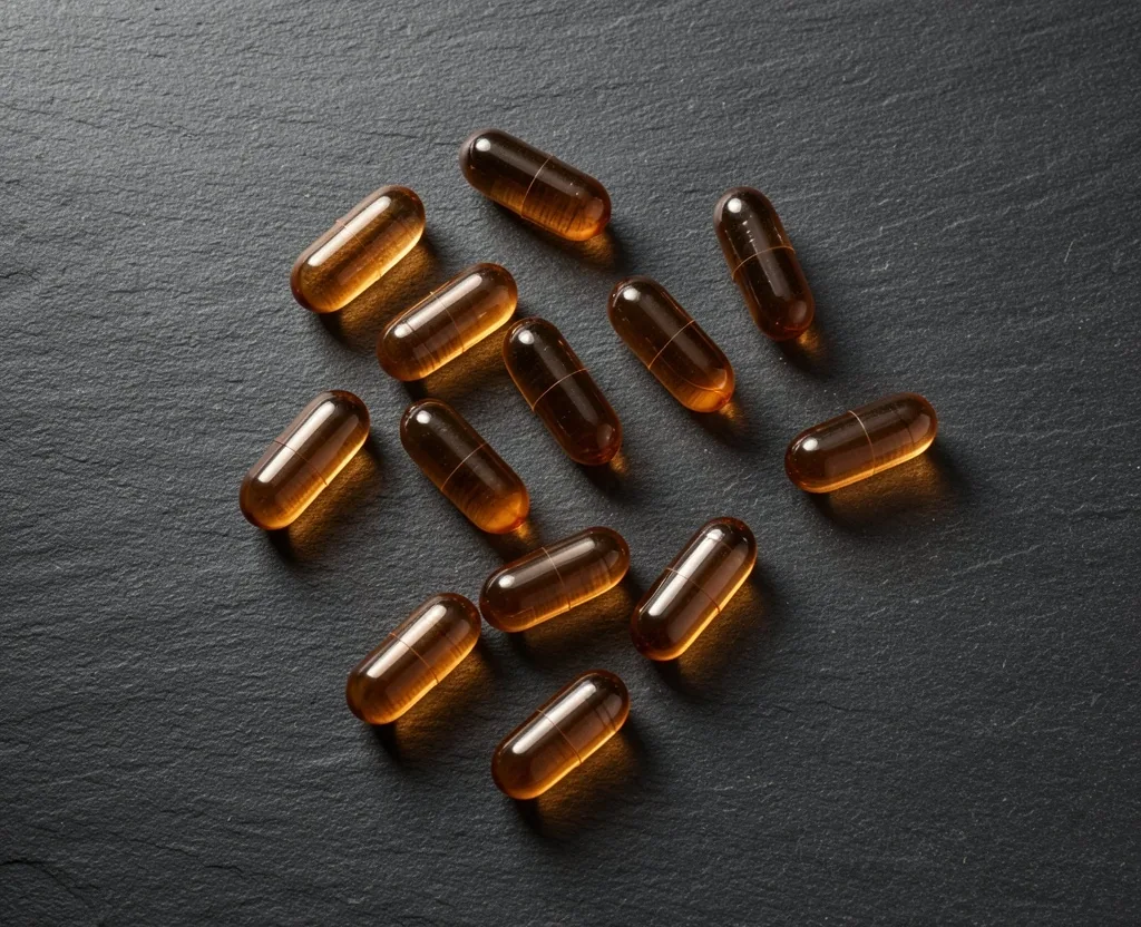 Amber supplement capsules arranged on dark surface