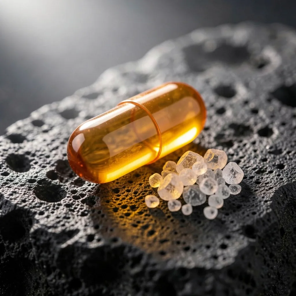 Close-up of a vitamin capsule on dark stone