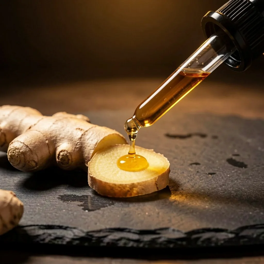 Ginger root and botanical extract on dark surface