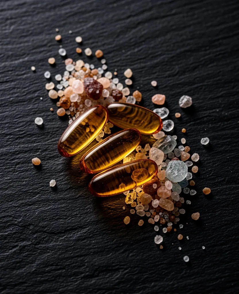 Vitamin capsules and mineral crystals on dark slate