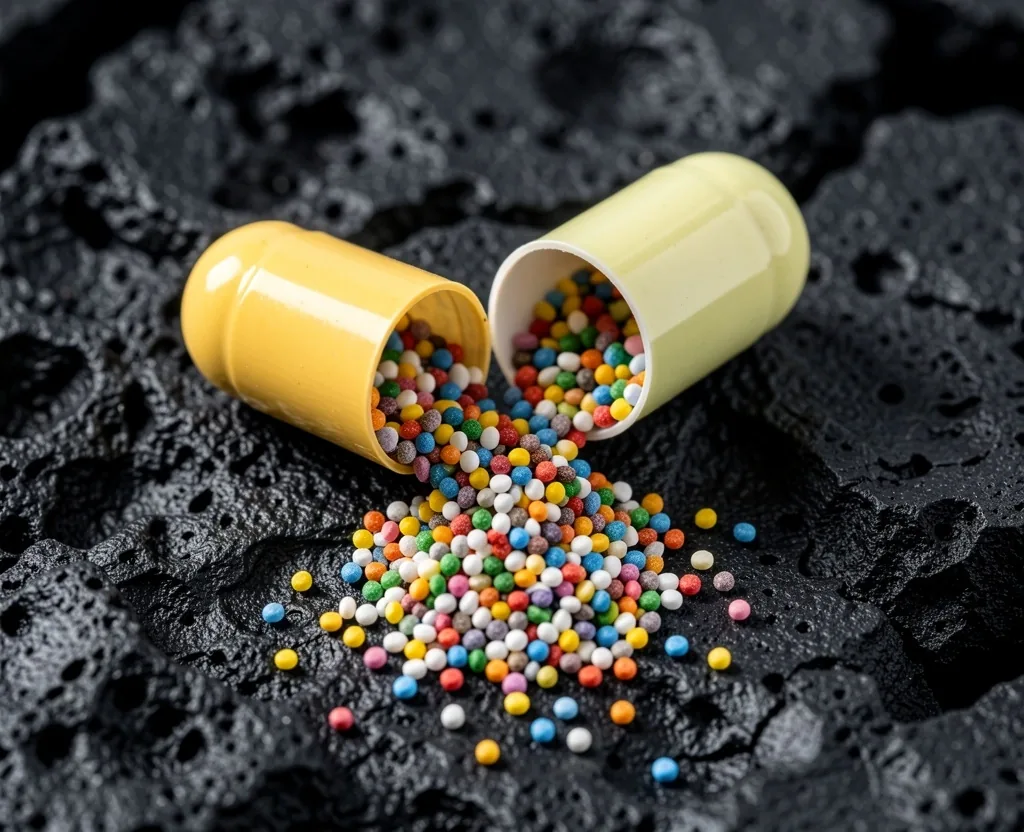 Cross-section of supplement capsules showing nutrient powder