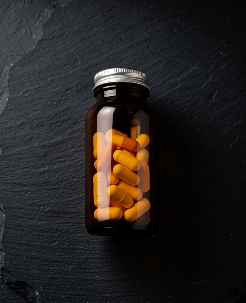 Premium men's supplement bottle under laboratory lighting